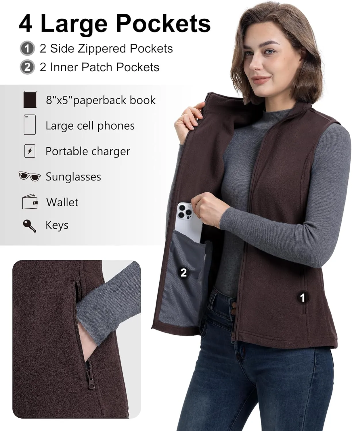 33,000ft Women's Fleece Vest, Lightweight Warm Polar Soft Vests Outerwear with Zip Up Pockets, Sleeveless Jacket for Winter