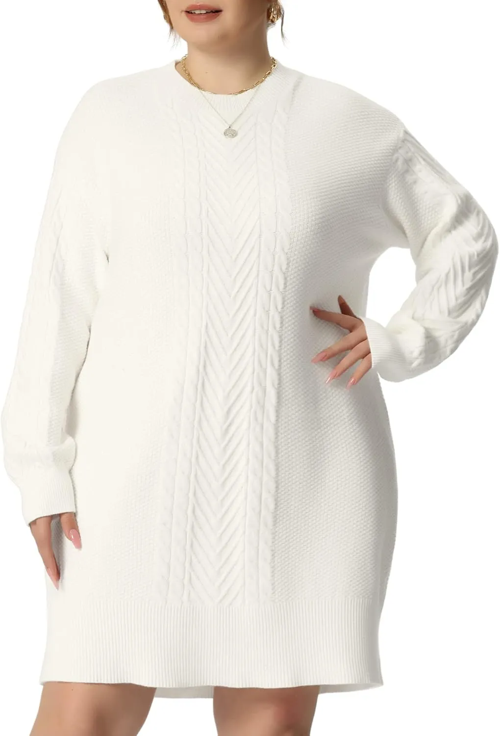 Agnes Orinda Plus Size Women 2025 Fall Crewneck Long Sleeve Knit Tunic Pullover Short Sweater Dresses