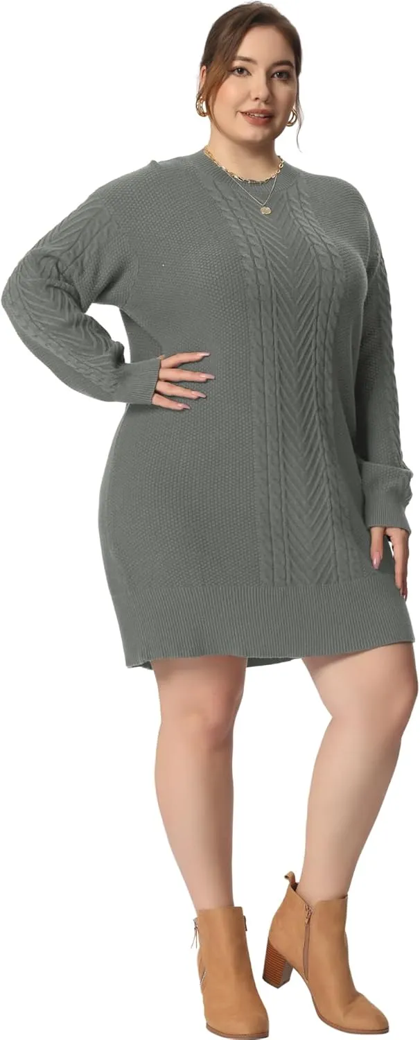 Agnes Orinda Plus Size Women 2025 Fall Crewneck Long Sleeve Knit Tunic Pullover Short Sweater Dresses