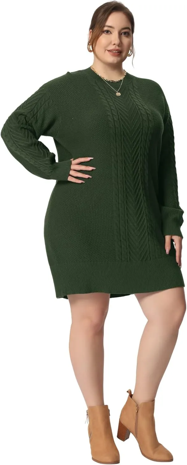 Agnes Orinda Plus Size Women 2025 Fall Crewneck Long Sleeve Knit Tunic Pullover Short Sweater Dresses