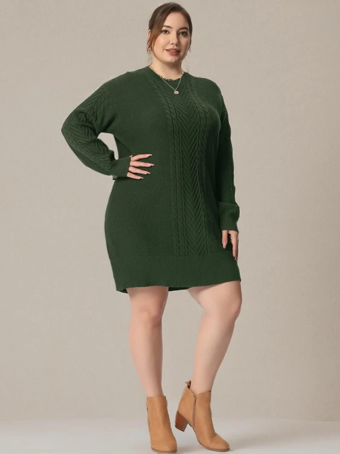 Agnes Orinda Plus Size Women 2025 Fall Crewneck Long Sleeve Knit Tunic Pullover Short Sweater Dresses