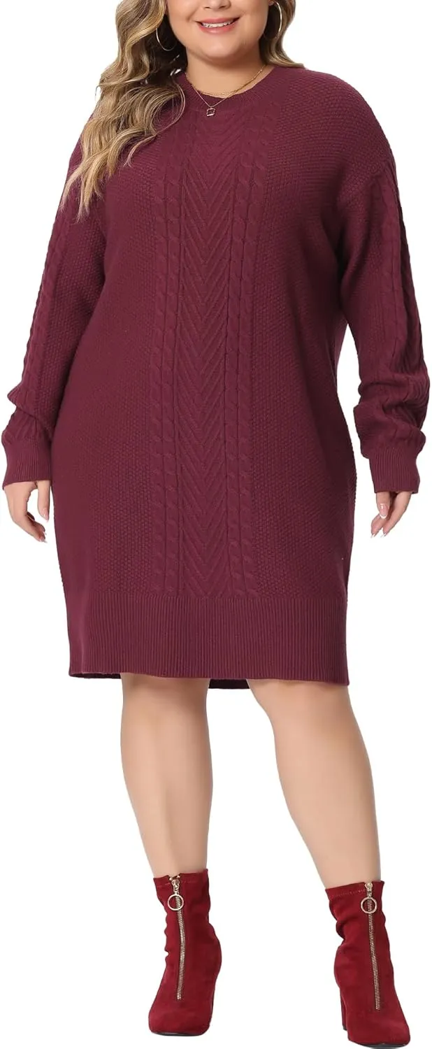 Agnes Orinda Plus Size Women 2025 Fall Crewneck Long Sleeve Knit Tunic Pullover Short Sweater Dresses