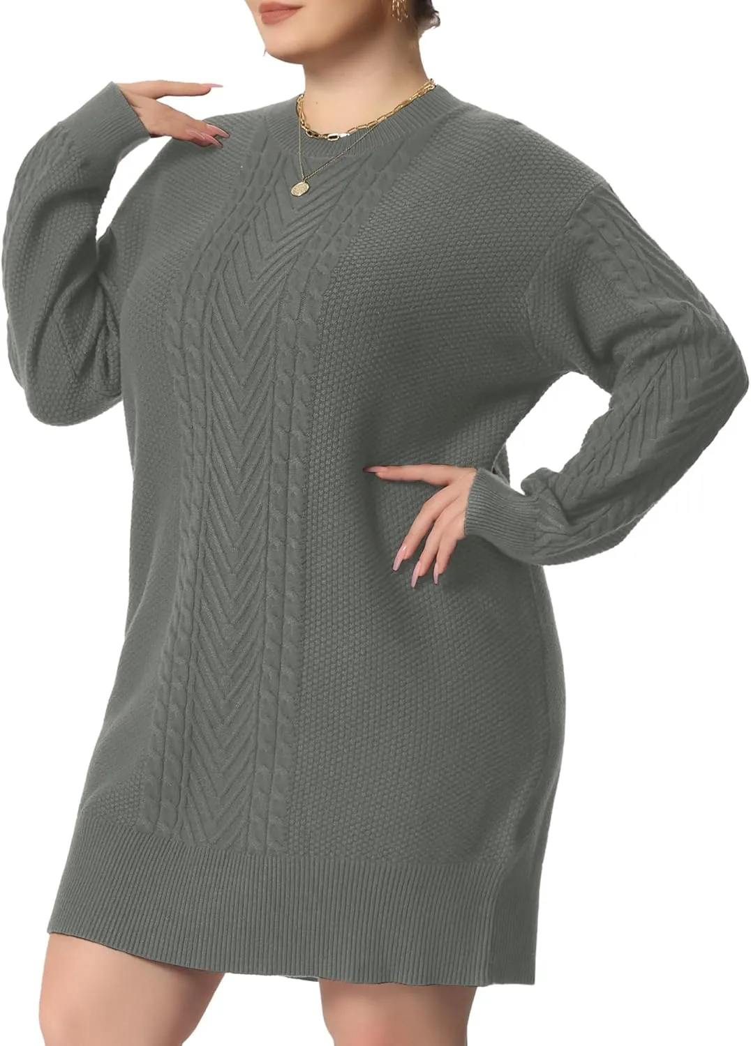 Agnes Orinda Plus Size Women 2025 Fall Crewneck Long Sleeve Knit Tunic Pullover Short Sweater Dresses