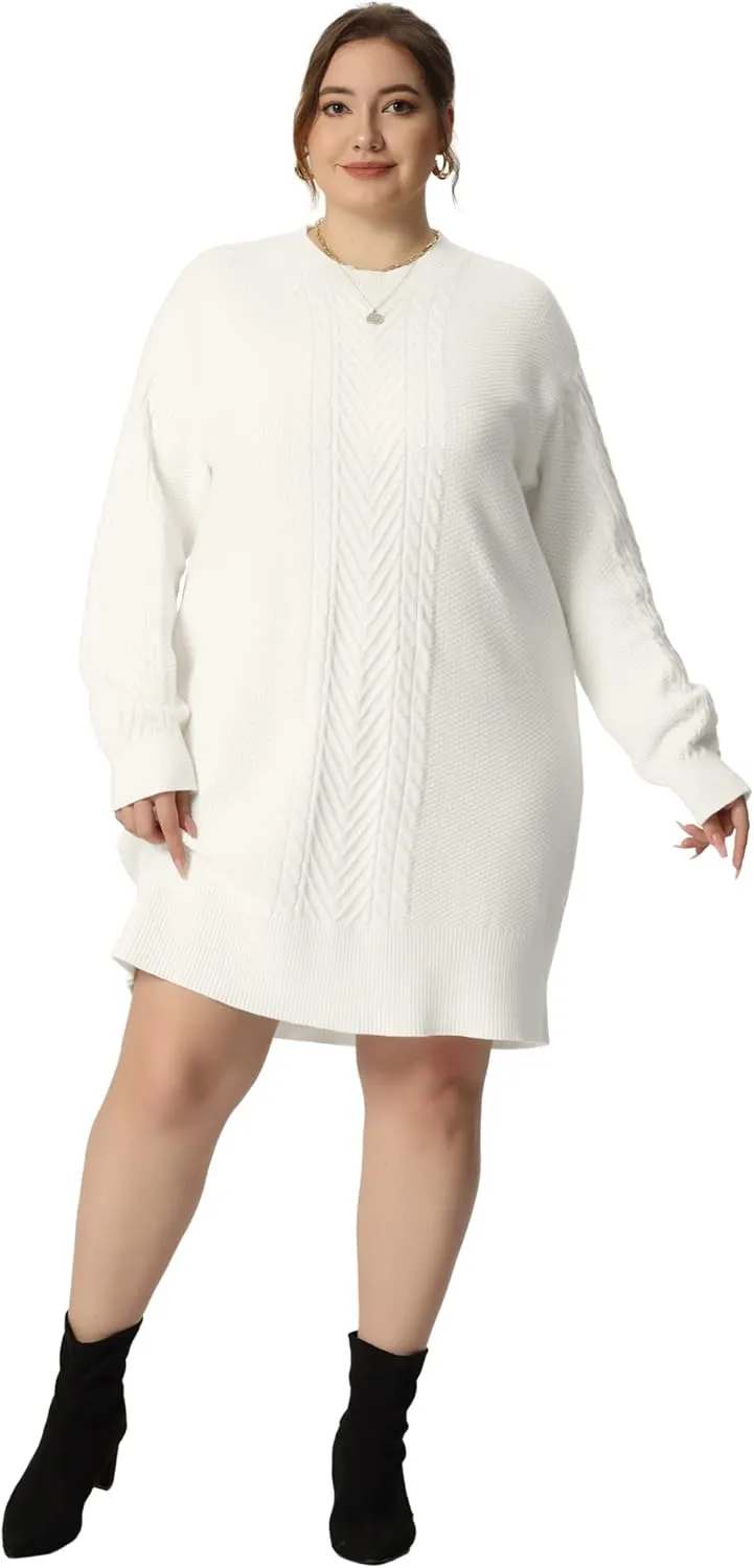 Agnes Orinda Plus Size Women 2025 Fall Crewneck Long Sleeve Knit Tunic Pullover Short Sweater Dresses