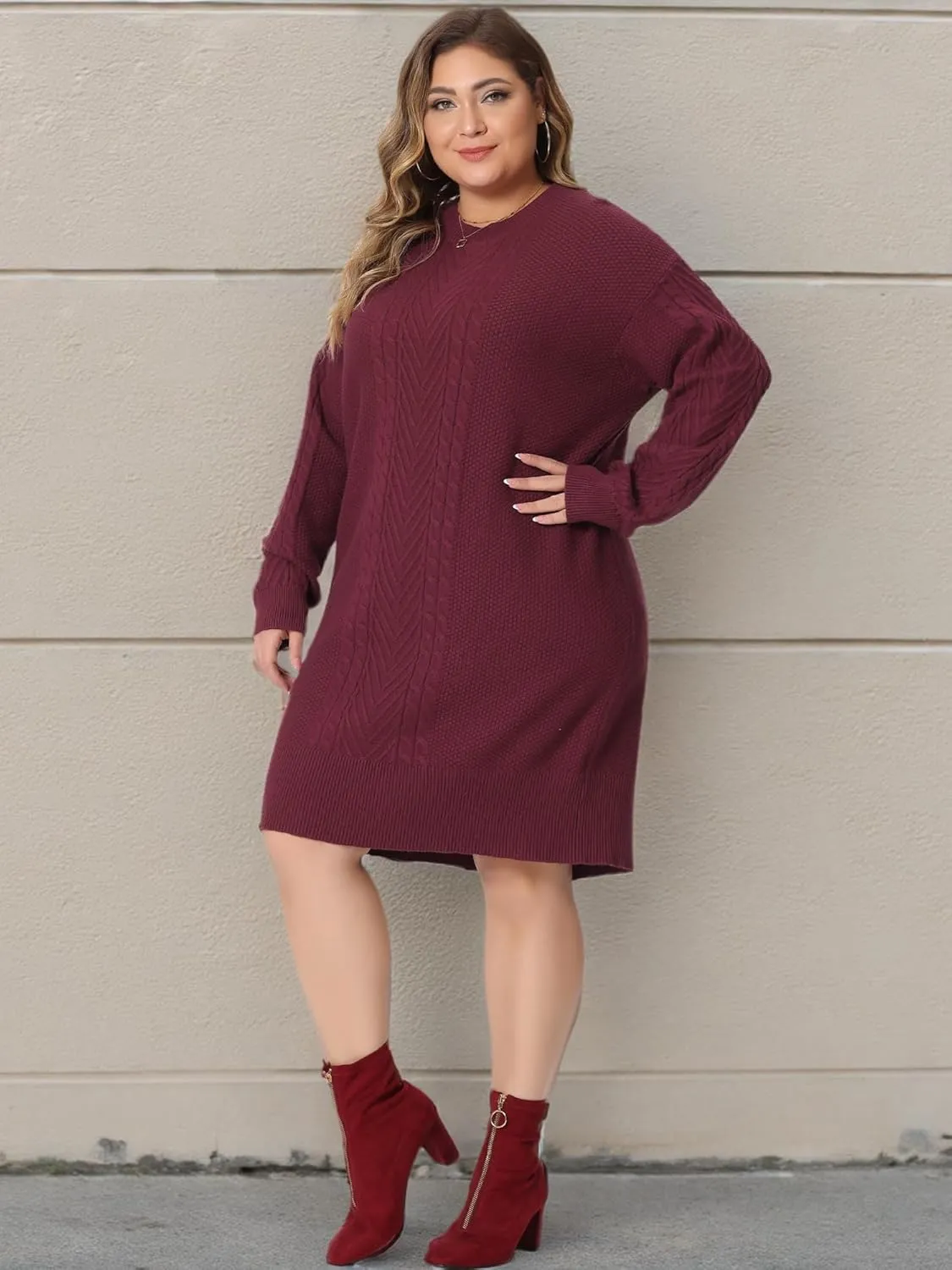 Agnes Orinda Plus Size Women 2025 Fall Crewneck Long Sleeve Knit Tunic Pullover Short Sweater Dresses