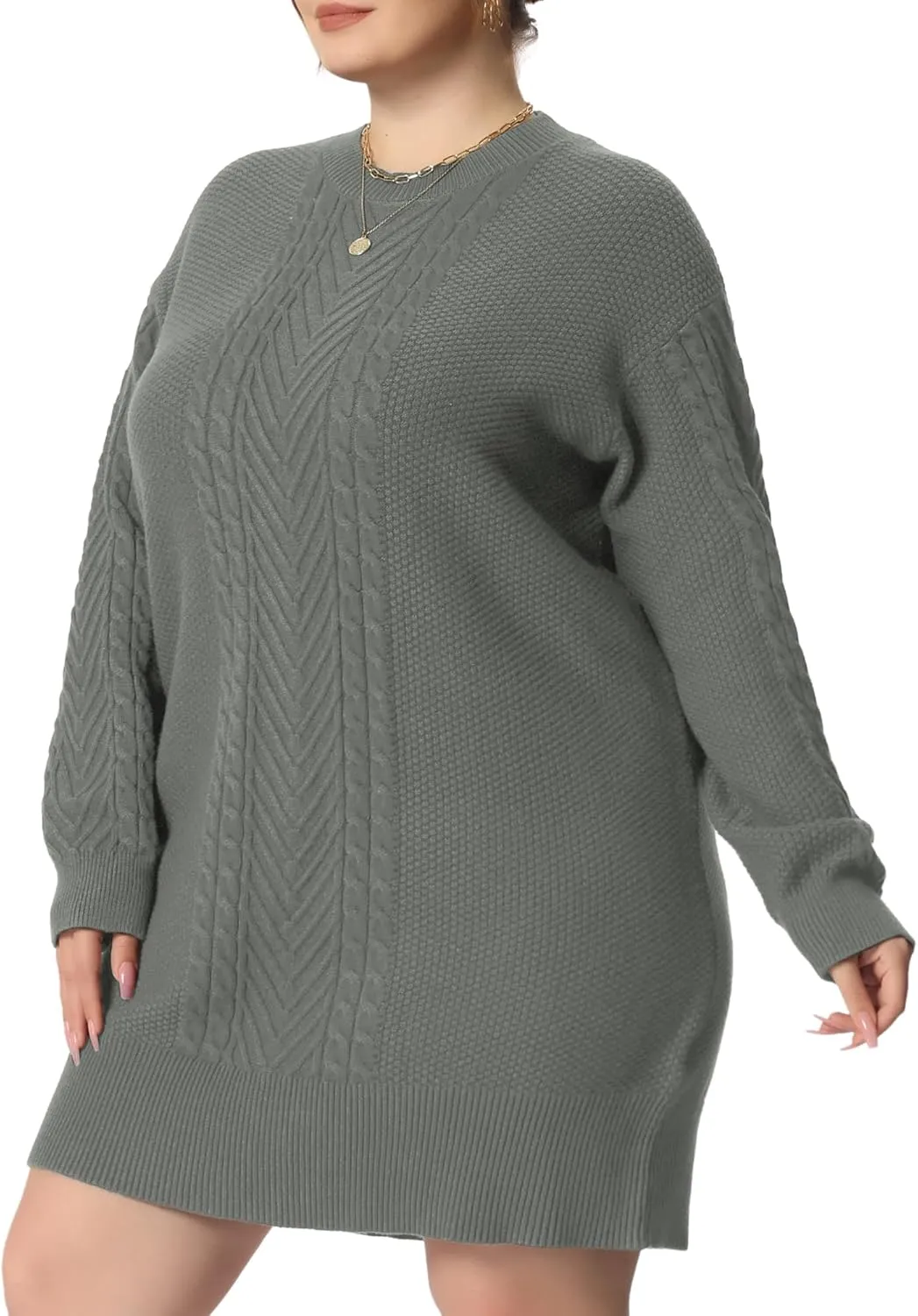 Agnes Orinda Plus Size Women 2025 Fall Crewneck Long Sleeve Knit Tunic Pullover Short Sweater Dresses