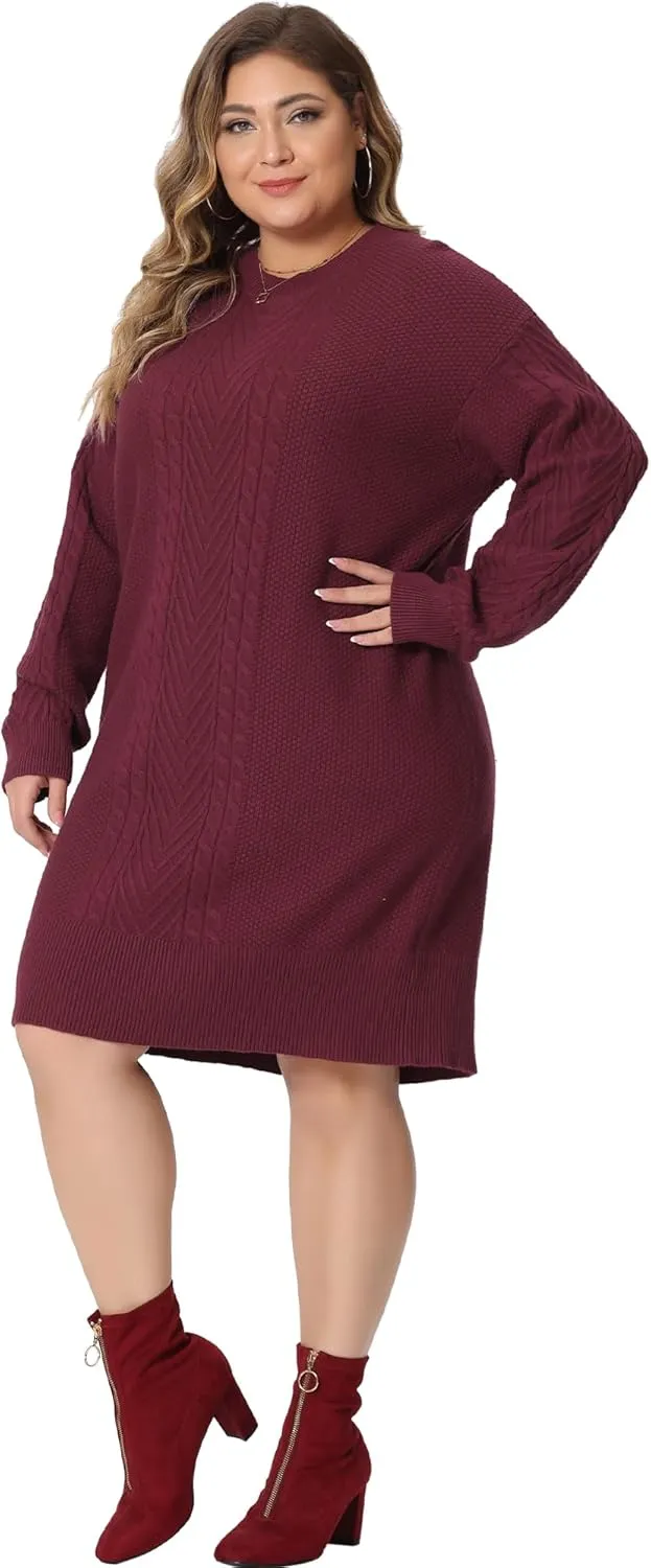 Agnes Orinda Plus Size Women 2025 Fall Crewneck Long Sleeve Knit Tunic Pullover Short Sweater Dresses
