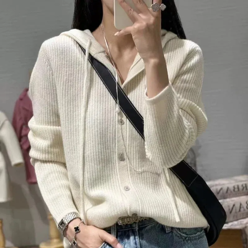Aiertu 100% Pure Wool Sweater Women's Clothing Knitted Cardigan Autumn Winter New Casual Hooded Cardigan Loose Korean Long Sleeved Top