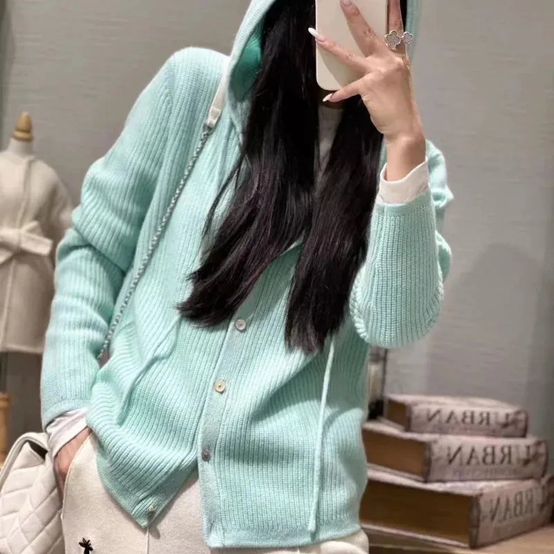 Aiertu 100% Pure Wool Sweater Women's Clothing Knitted Cardigan Autumn Winter New Casual Hooded Cardigan Loose Korean Long Sleeved Top