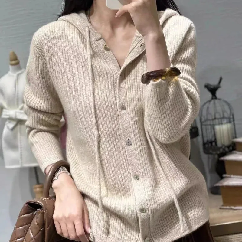 Aiertu 100% Pure Wool Sweater Women's Clothing Knitted Cardigan Autumn Winter New Casual Hooded Cardigan Loose Korean Long Sleeved Top