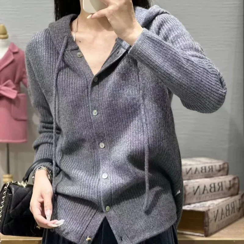 Aiertu 100% Pure Wool Sweater Women's Clothing Knitted Cardigan Autumn Winter New Casual Hooded Cardigan Loose Korean Long Sleeved Top