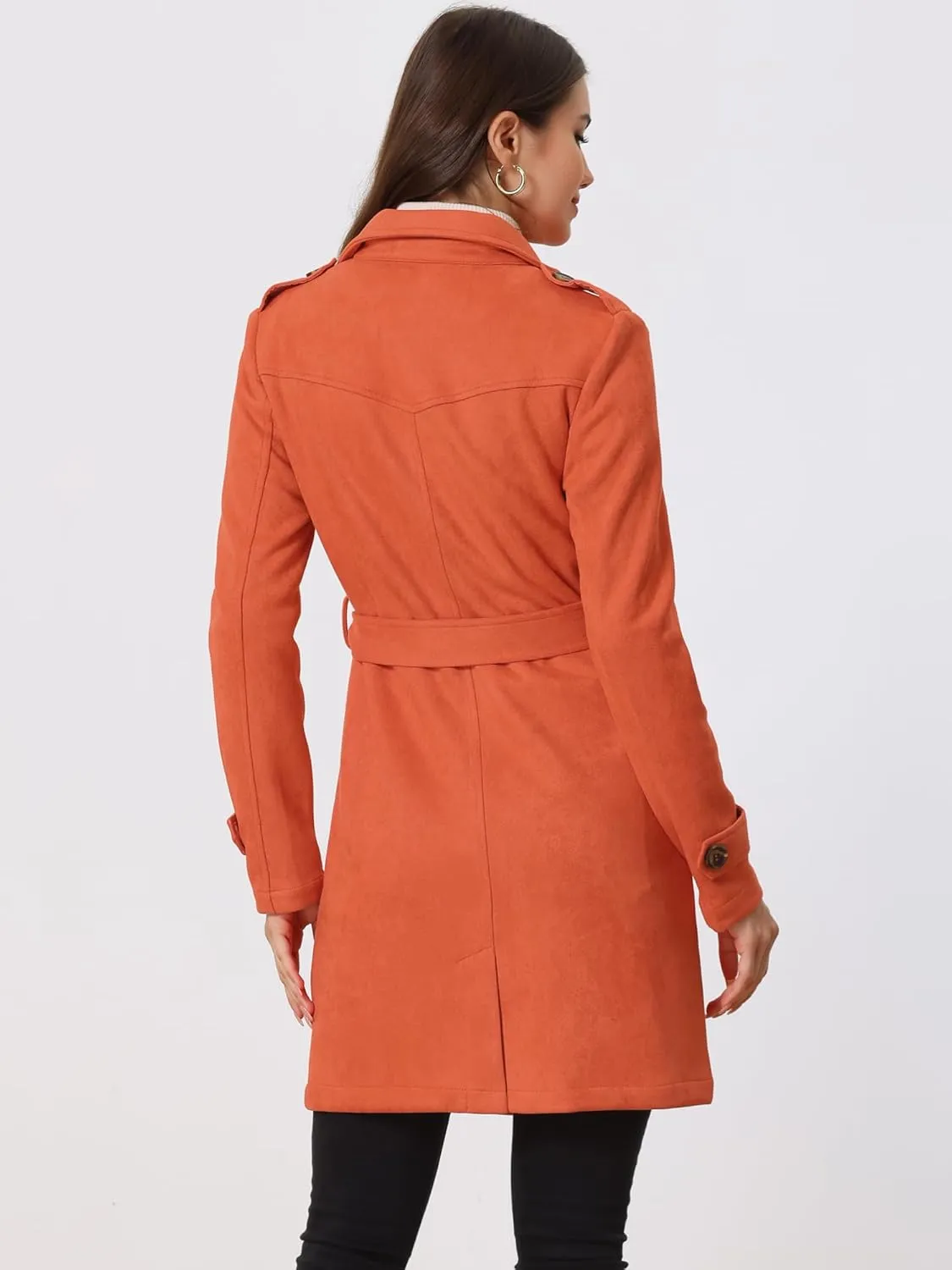 Allegra K Women's Faux Suede Trench Coat Notched Lapel Double Breasted Jacket with Belt