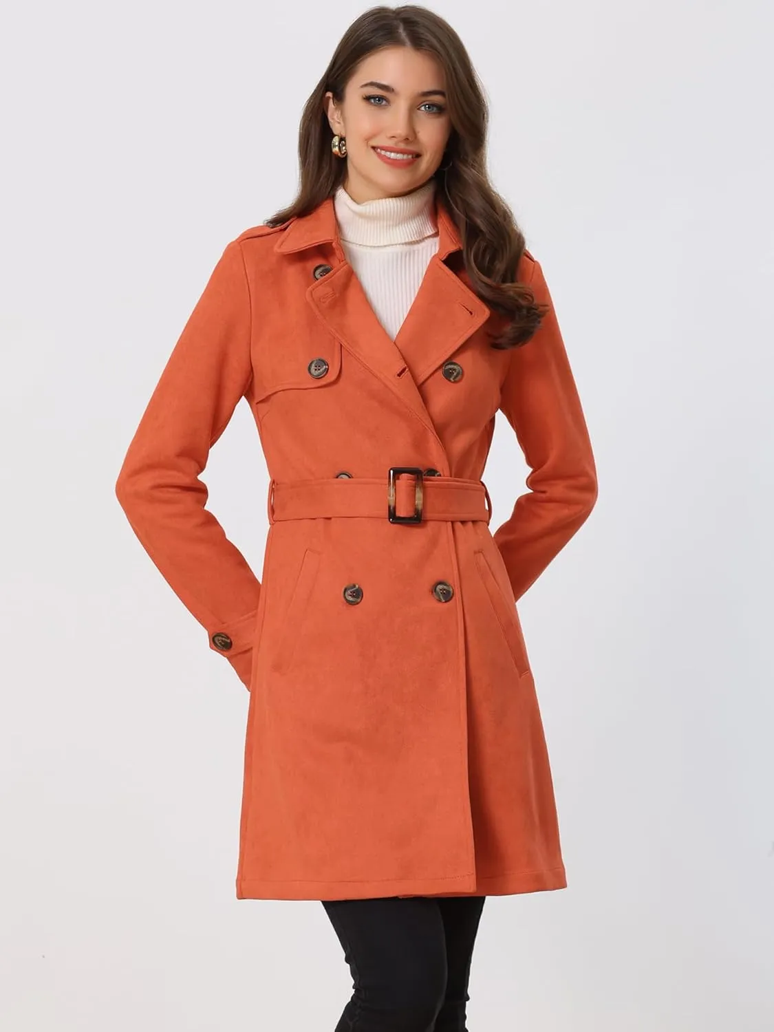 Allegra K Women's Faux Suede Trench Coat Notched Lapel Double Breasted Jacket with Belt