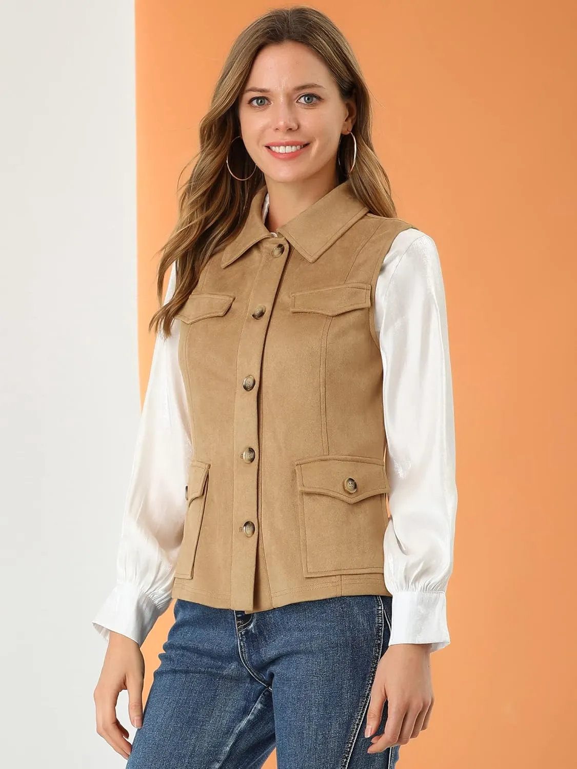 Allegra K Women's Faux Suede Vest Utility Buttoned Sleeveless Jacket with Cargo Pocket