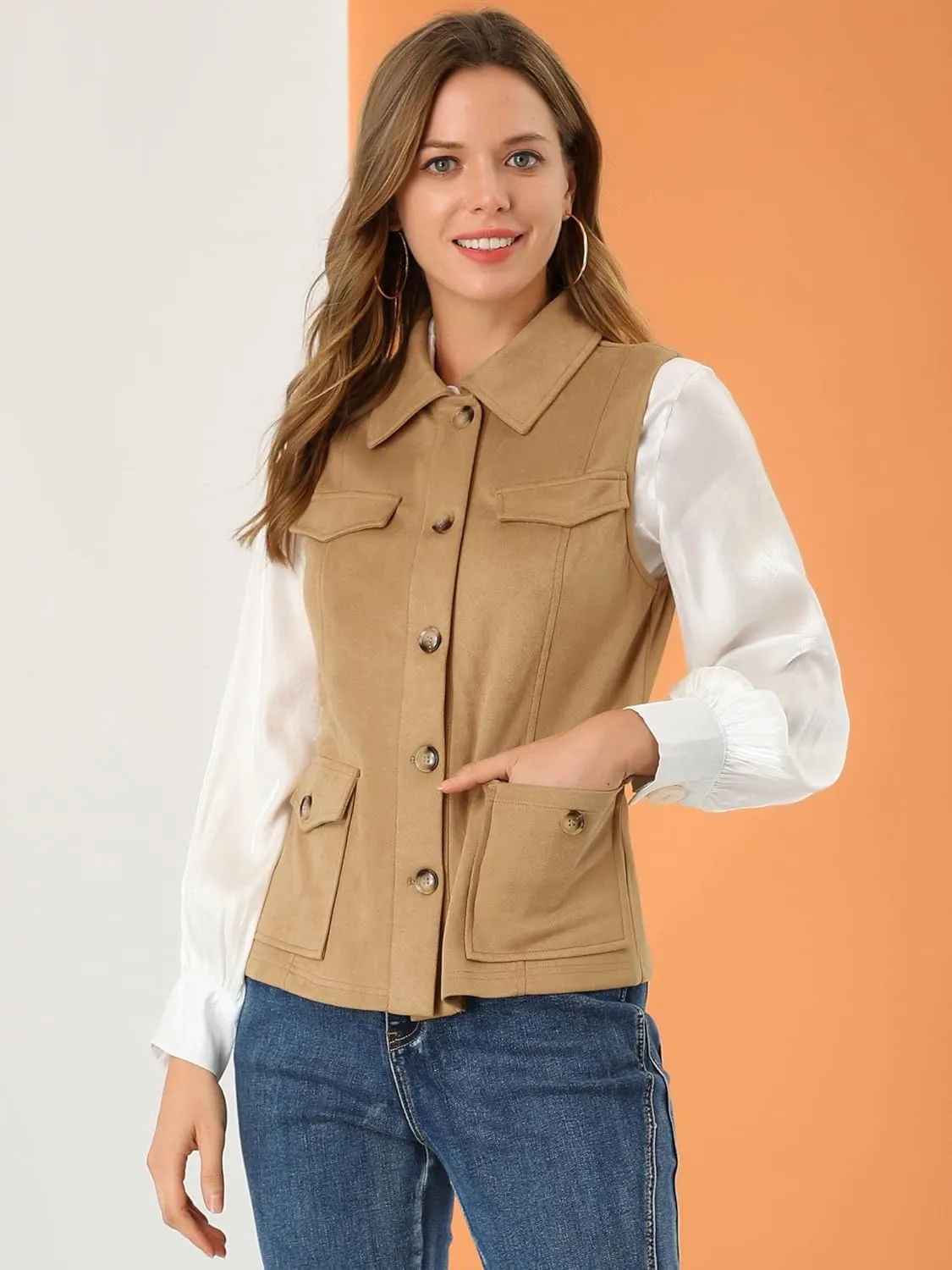 Allegra K Women's Faux Suede Vest Utility Buttoned Sleeveless Jacket with Cargo Pocket