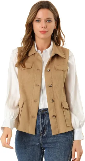 Allegra K Women's Faux Suede Vest Utility Buttoned Sleeveless Jacket with Cargo Pocket