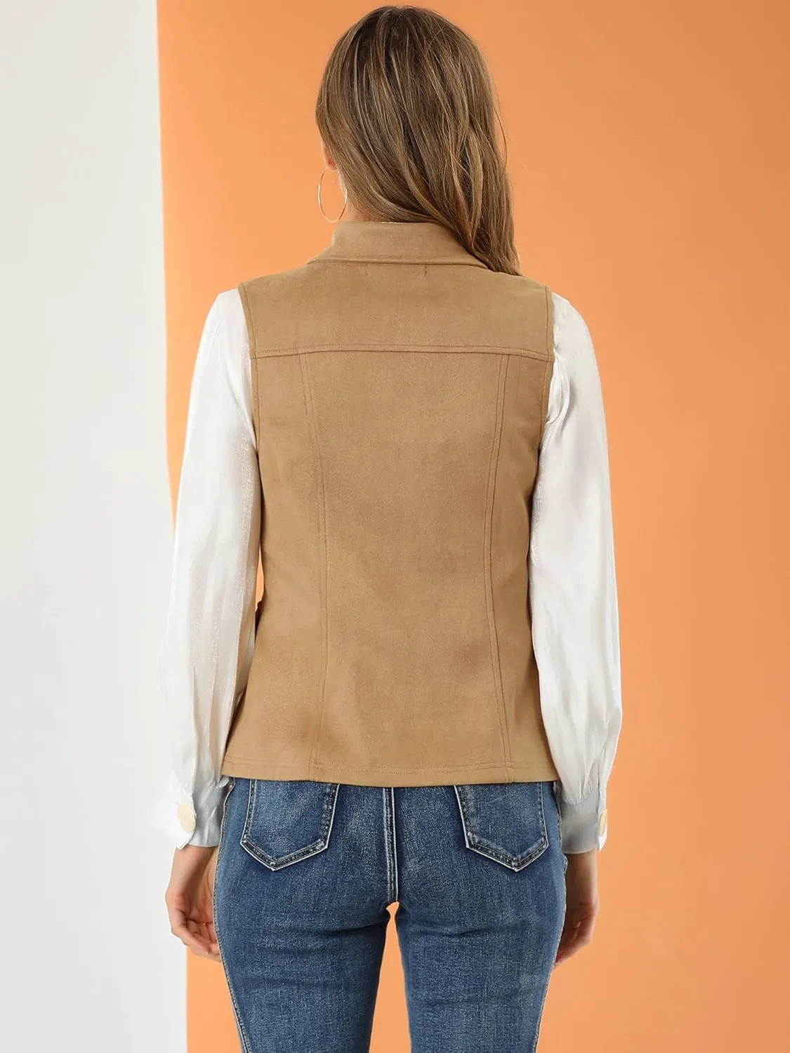 Allegra K Women's Faux Suede Vest Utility Buttoned Sleeveless Jacket with Cargo Pocket