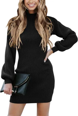 ANRABESS Women Long Sleeve Turtle Mock Neck Rib Knit Stretch Slim Fitted Bodycon Sweater Mini Short Dress 2025 Fall Outfits