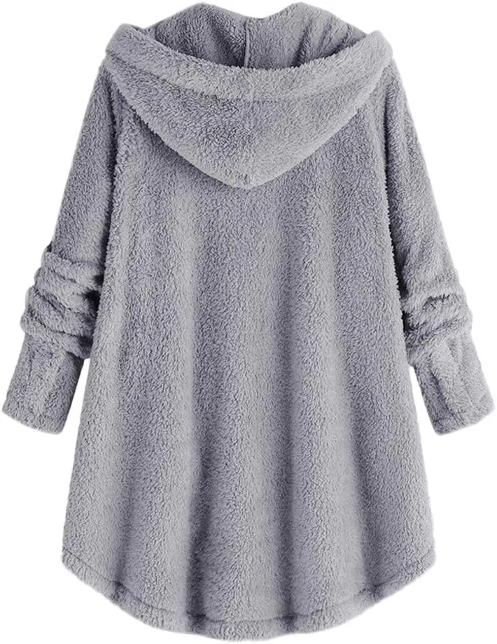 BOXIACEY Plus Size Coats for Women Wool Teddy Bear Coat Fleece Button Down Jacket Plush Hooded Cardigan with Pocket