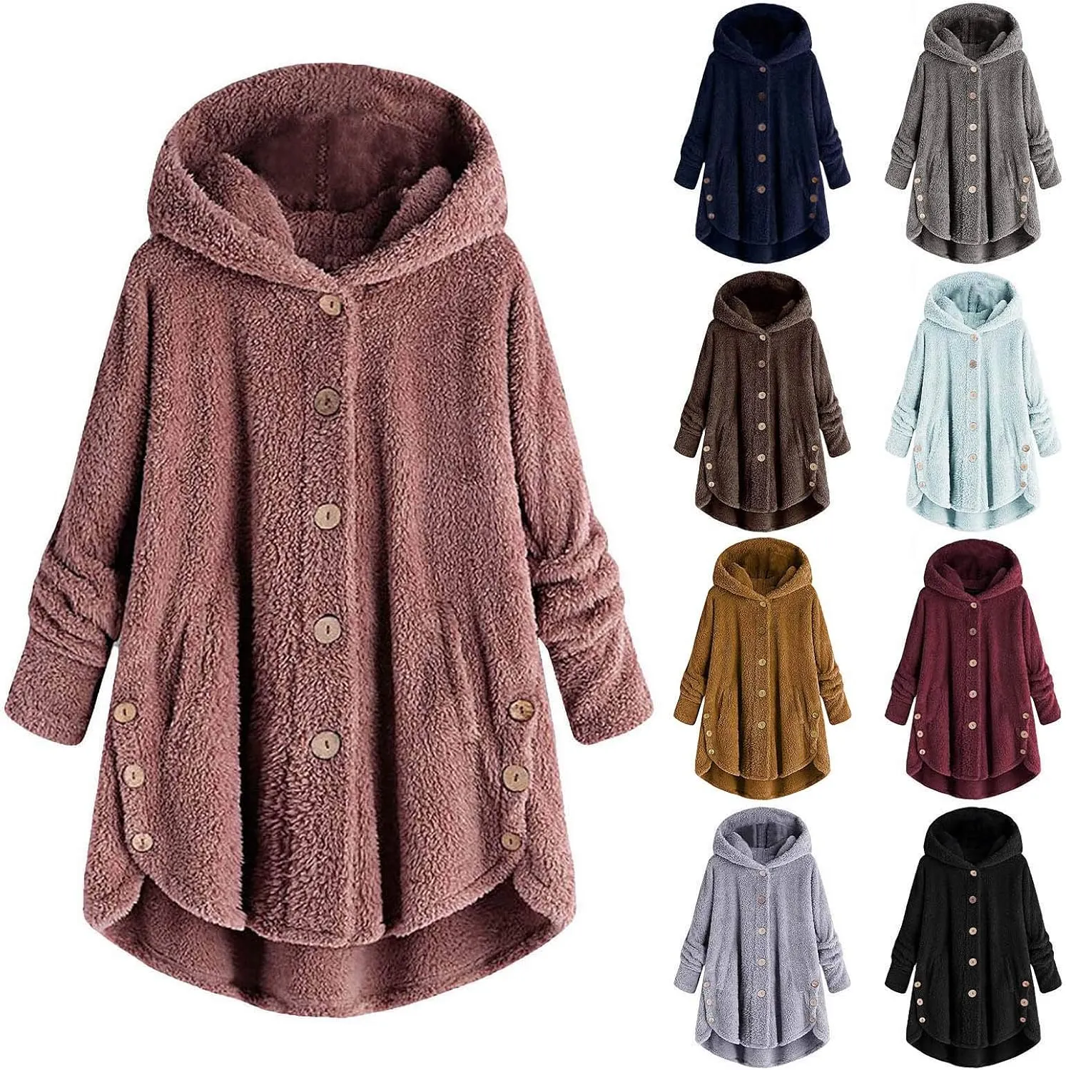 BOXIACEY Plus Size Coats for Women Wool Teddy Bear Coat Fleece Button Down Jacket Plush Hooded Cardigan with Pocket