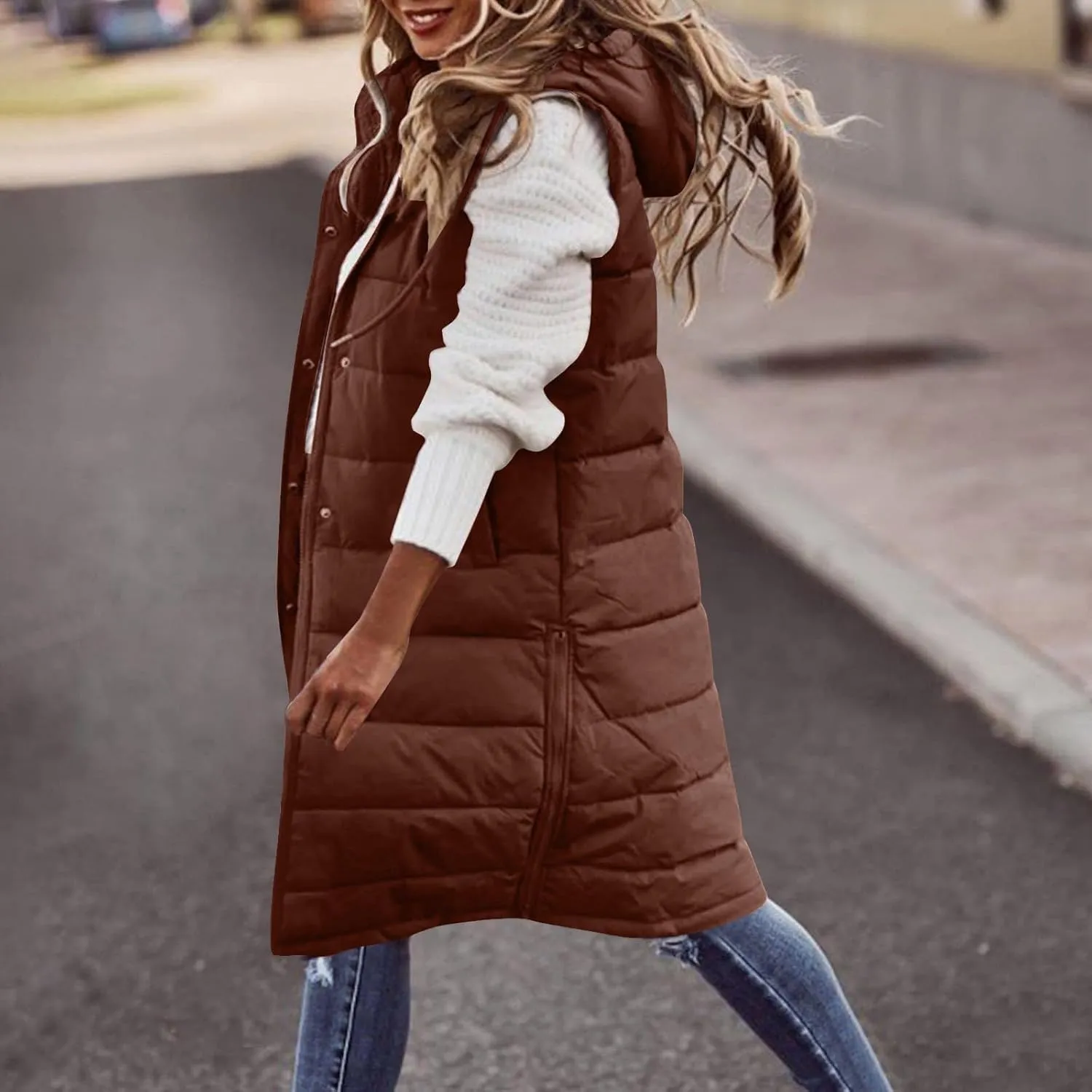 DDAPJ pyju Women's Long Puffer Vest Jacket Sleeveless Hoodies Zipper Side Quilted Coats Lightweight Padded Winter Down Coat