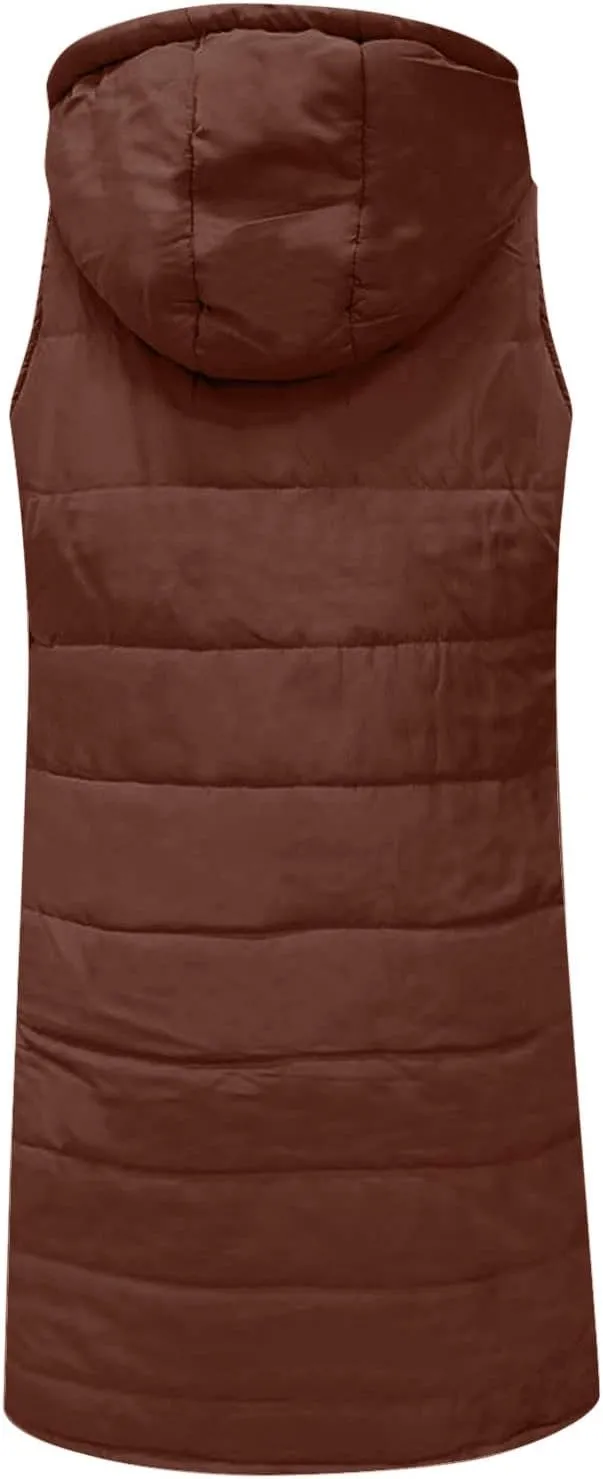 DDAPJ pyju Women's Long Puffer Vest Jacket Sleeveless Hoodies Zipper Side Quilted Coats Lightweight Padded Winter Down Coat