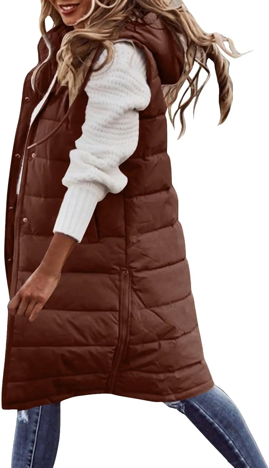 DDAPJ pyju Women's Long Puffer Vest Jacket Sleeveless Hoodies Zipper Side Quilted Coats Lightweight Padded Winter Down Coat