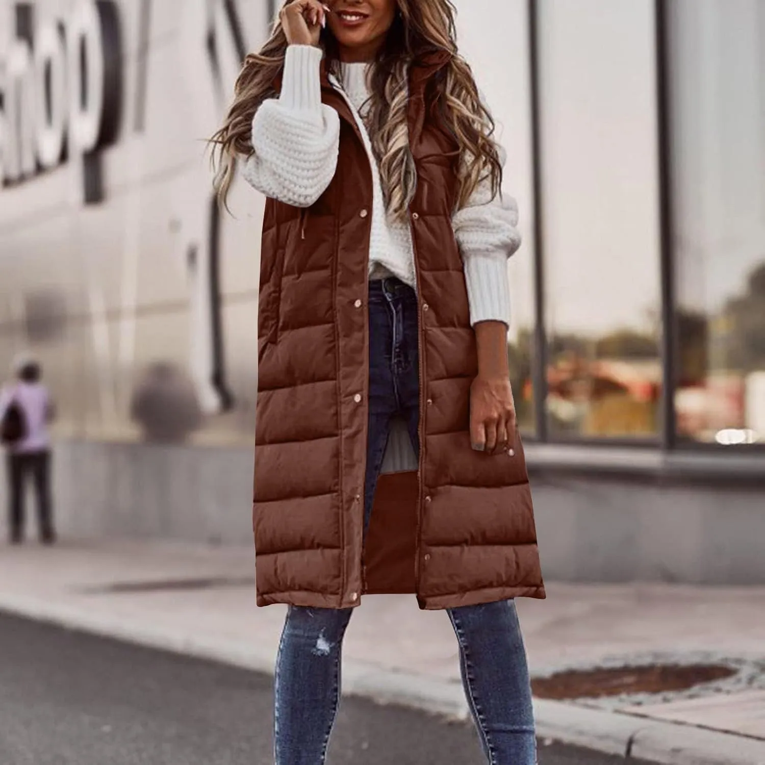 DDAPJ pyju Women's Long Puffer Vest Jacket Sleeveless Hoodies Zipper Side Quilted Coats Lightweight Padded Winter Down Coat