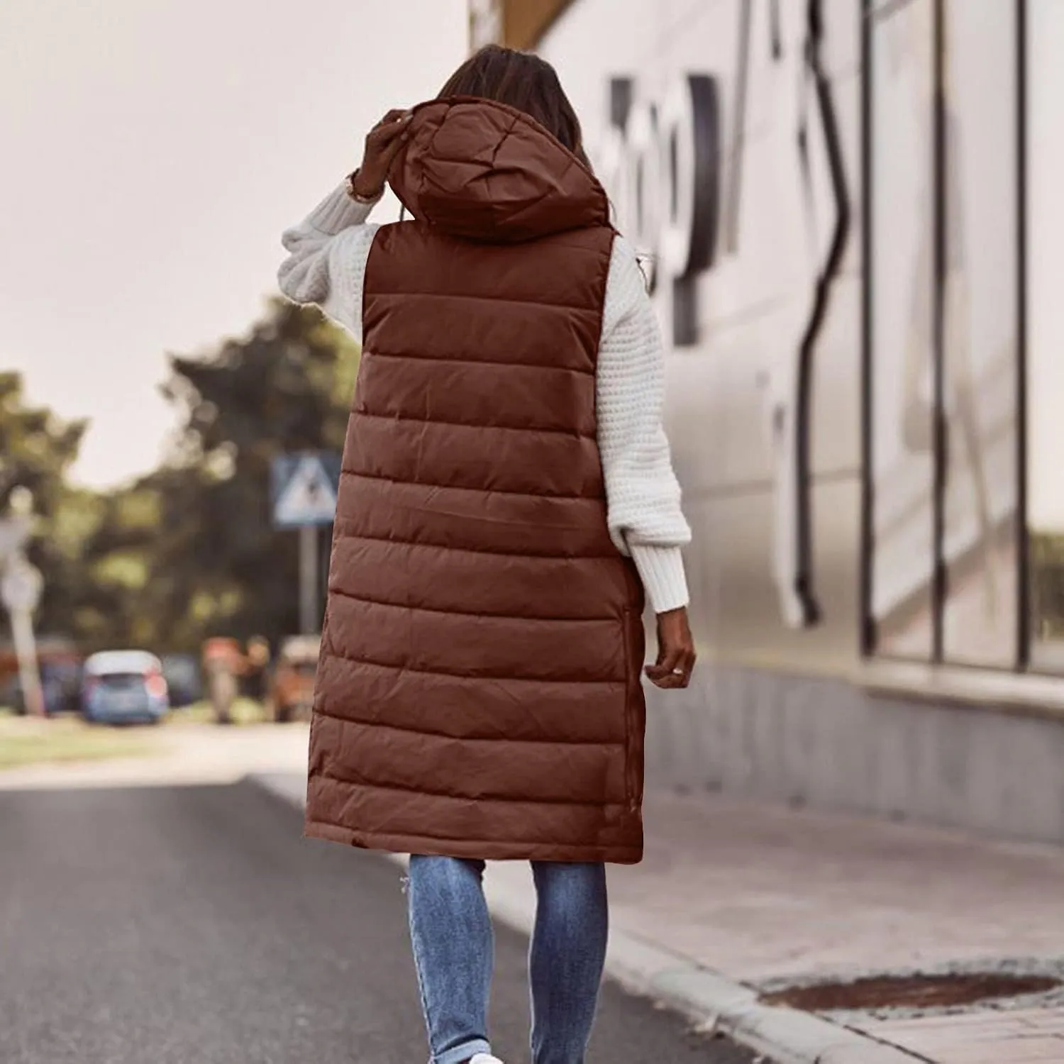 DDAPJ pyju Women's Long Puffer Vest Jacket Sleeveless Hoodies Zipper Side Quilted Coats Lightweight Padded Winter Down Coat