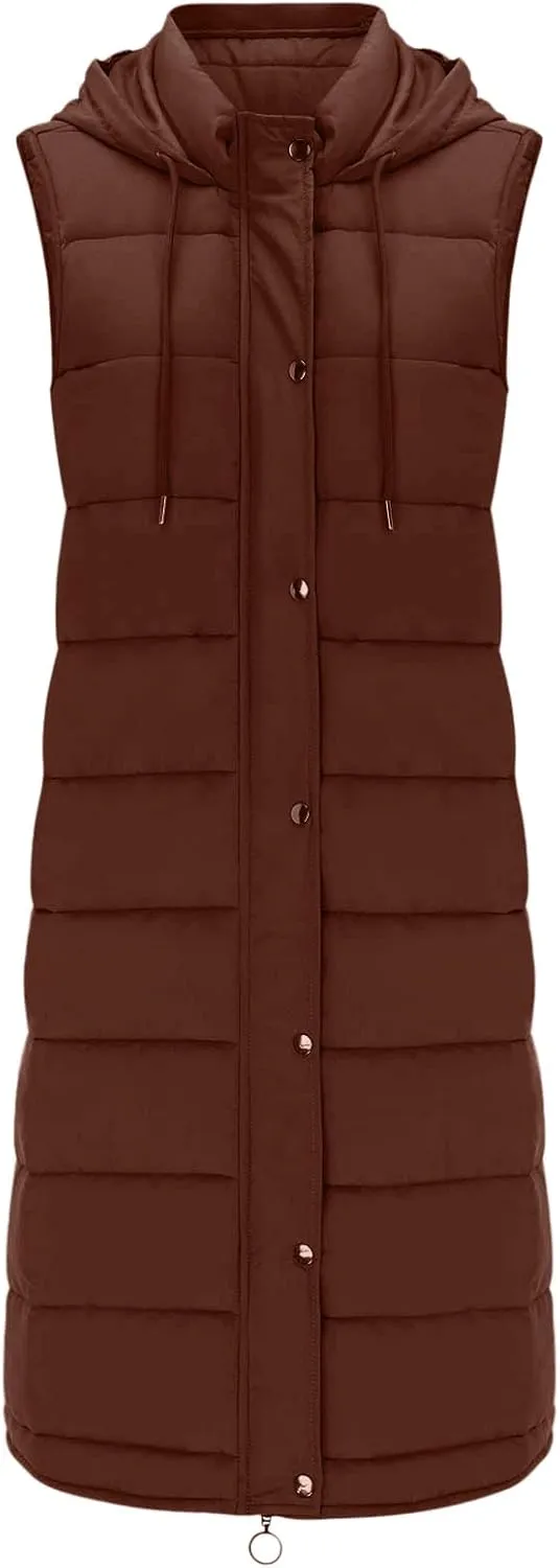 DDAPJ pyju Women's Long Puffer Vest Jacket Sleeveless Hoodies Zipper Side Quilted Coats Lightweight Padded Winter Down Coat