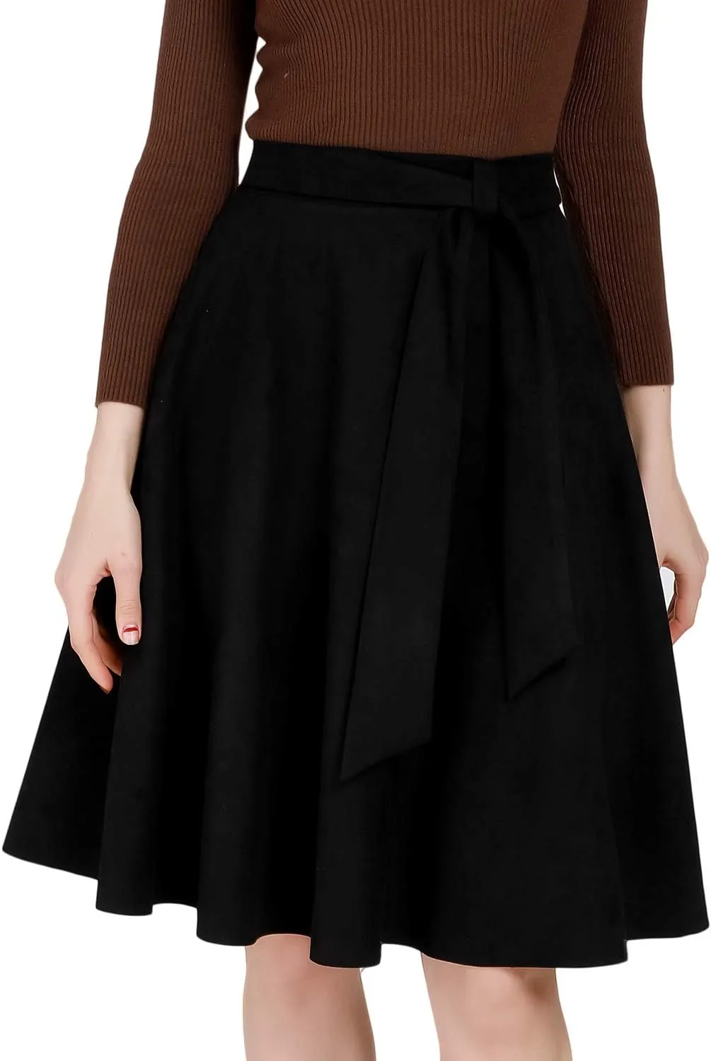 DIASHINY Faux Suede Knee Length Skirt for Women High Waist Flared Stretch A Line Midi Skater Skirts