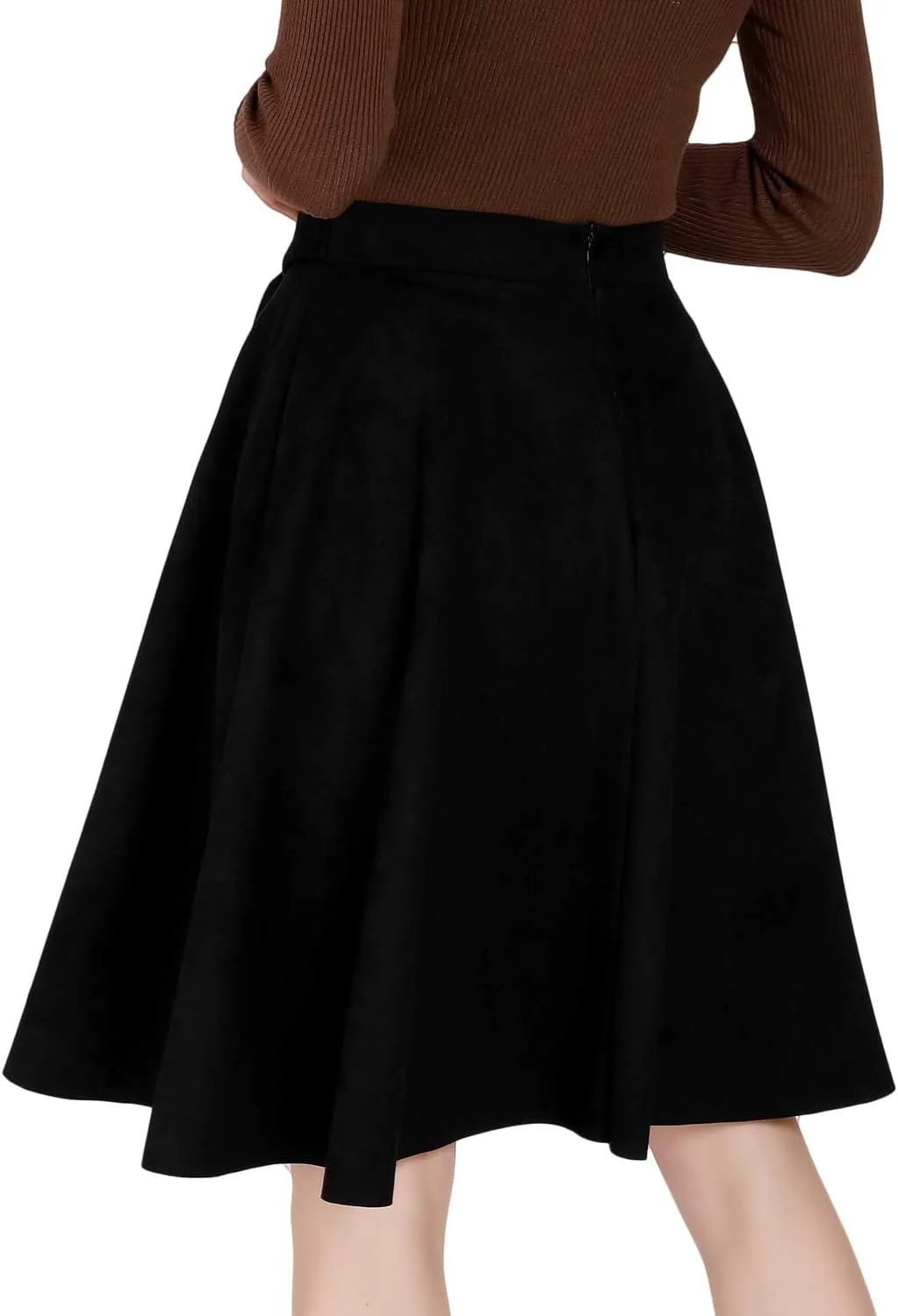 DIASHINY Faux Suede Knee Length Skirt for Women High Waist Flared Stretch A Line Midi Skater Skirts