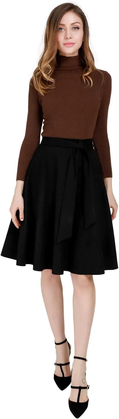 DIASHINY Faux Suede Knee Length Skirt for Women High Waist Flared Stretch A Line Midi Skater Skirts
