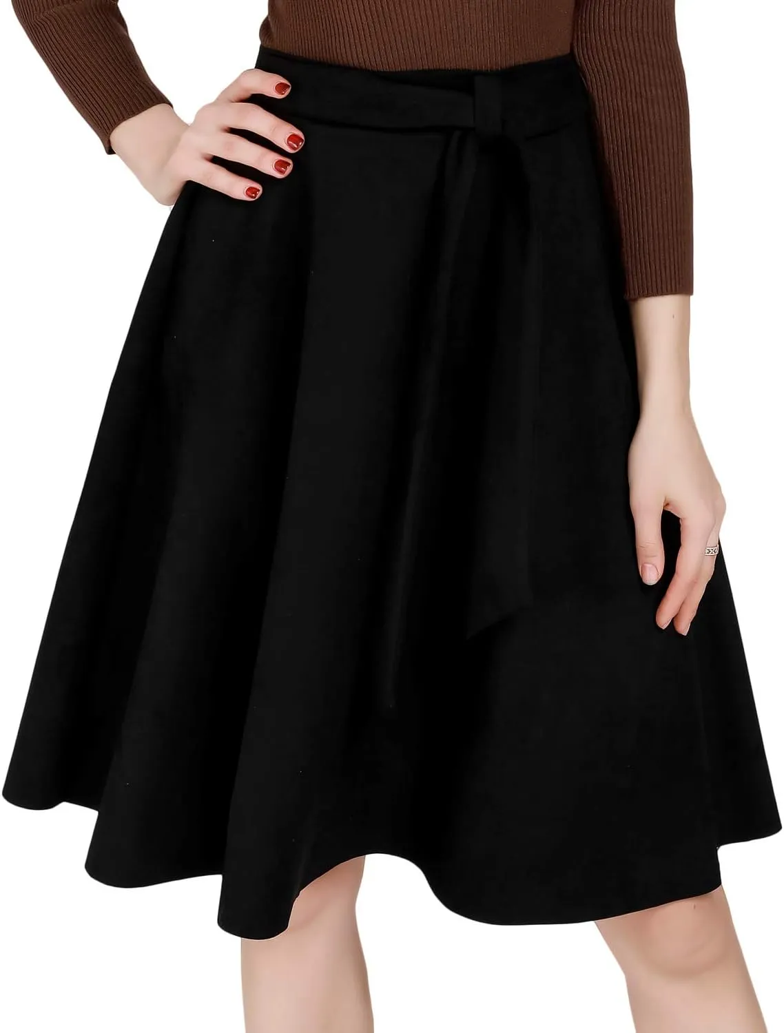 DIASHINY Faux Suede Knee Length Skirt for Women High Waist Flared Stretch A Line Midi Skater Skirts