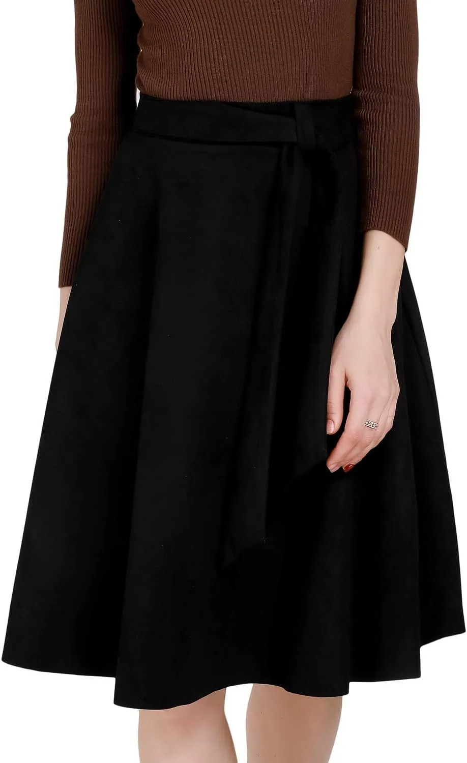 DIASHINY Faux Suede Knee Length Skirt for Women High Waist Flared Stretch A Line Midi Skater Skirts