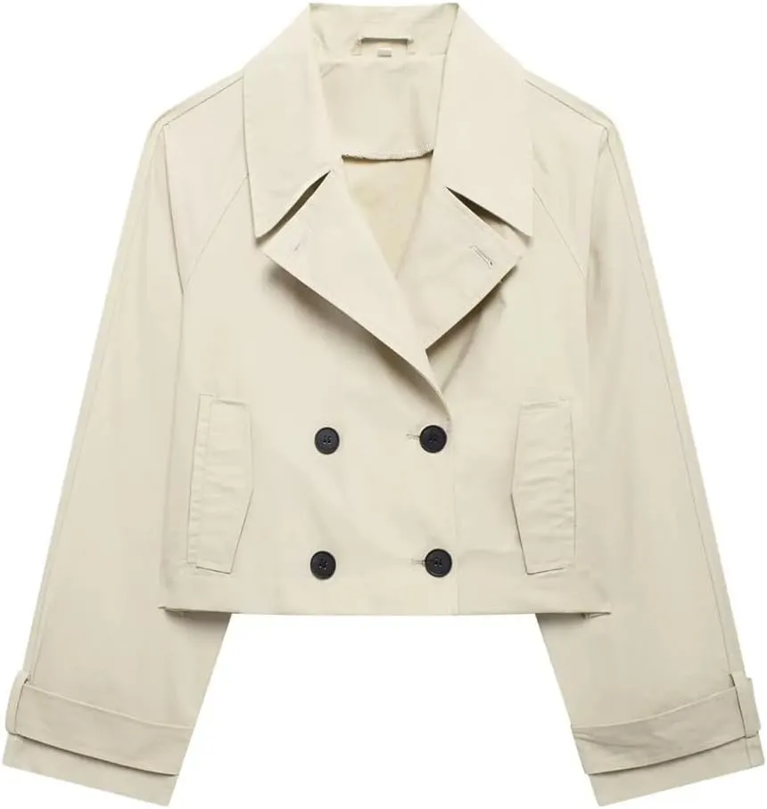ERFMFKL Women Cropped Trench Coat Casual Double-Breasted Oversized Long Sleeve Thin Short Jacket