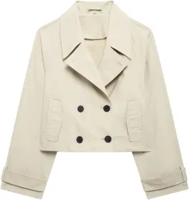 ERFMFKL Women Cropped Trench Coat Casual Double-Breasted Oversized Long Sleeve Thin Short Jacket