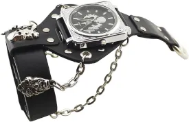 Fashion Hip-Hop Punk Skull Watch for Men Women Black Wide Leather Cuff Band Watch Cool Style Wrist Watches,Chains Locomotive Glove Watch