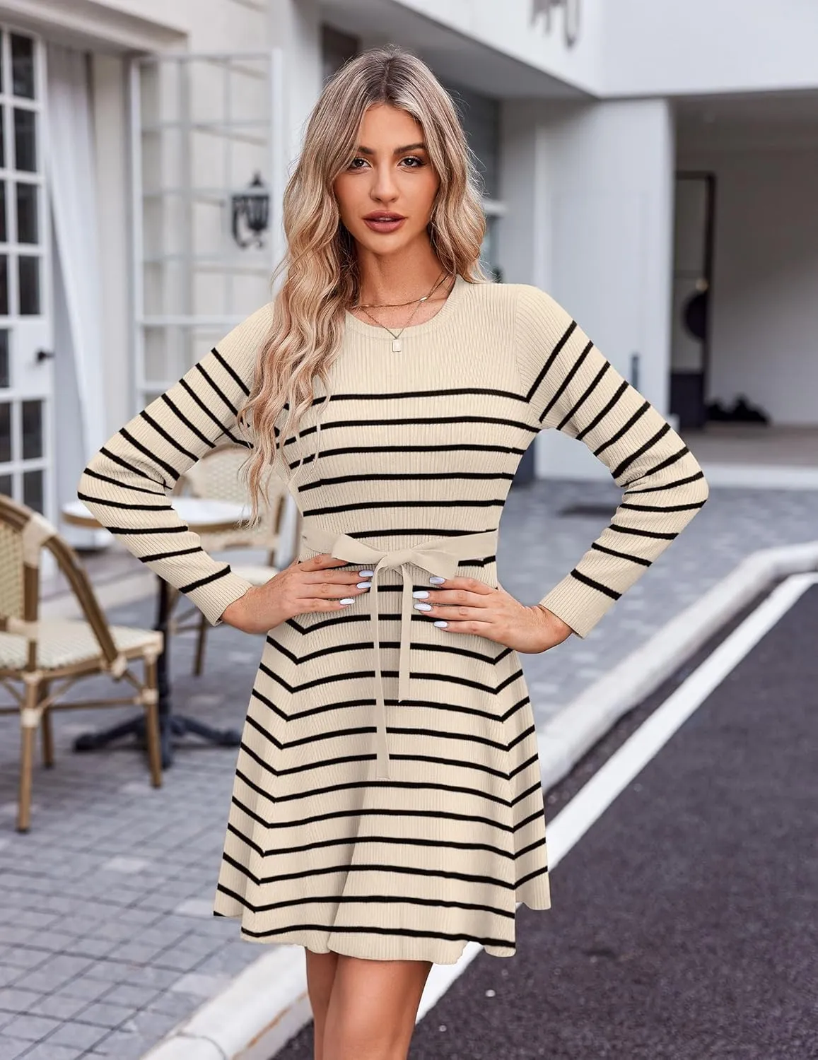 HOTOUCH Women's Fall Winter Casual Dress Crewneck Long Sleeve A-Line Sweater Dress Bodycon Ribbed Knit Dress with Belt
