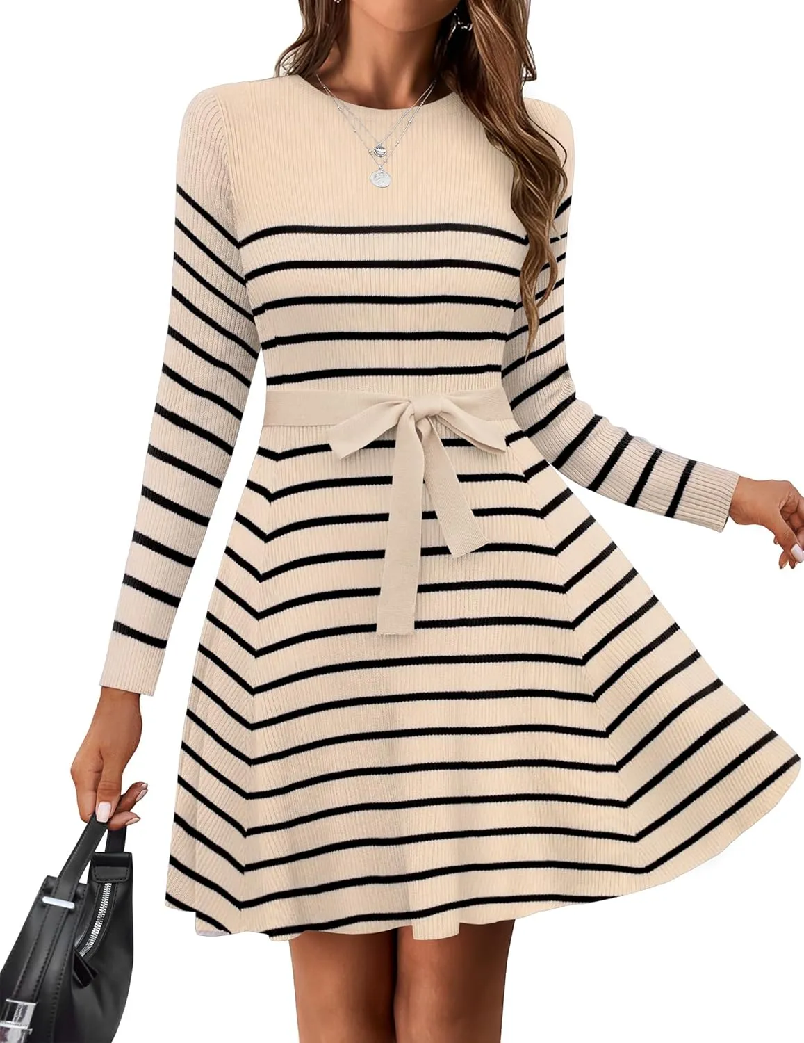 HOTOUCH Women's Fall Winter Casual Dress Crewneck Long Sleeve A-Line Sweater Dress Bodycon Ribbed Knit Dress with Belt