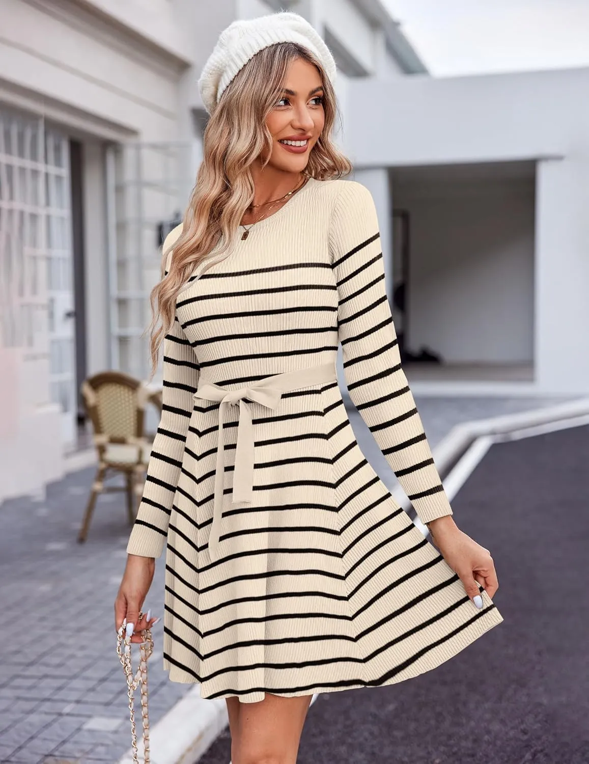 HOTOUCH Women's Fall Winter Casual Dress Crewneck Long Sleeve A-Line Sweater Dress Bodycon Ribbed Knit Dress with Belt