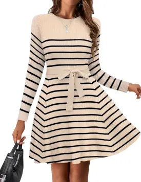 HOTOUCH Women's Fall Winter Casual Dress Crewneck Long Sleeve A-Line Sweater Dress Bodycon Ribbed Knit Dress with Belt
