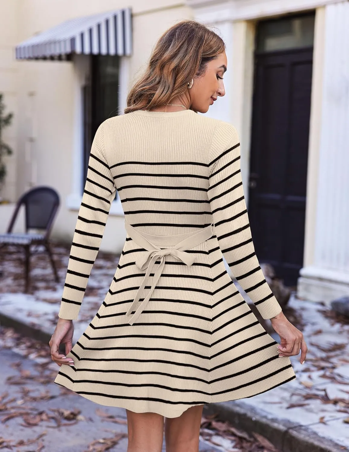 HOTOUCH Women's Fall Winter Casual Dress Crewneck Long Sleeve A-Line Sweater Dress Bodycon Ribbed Knit Dress with Belt