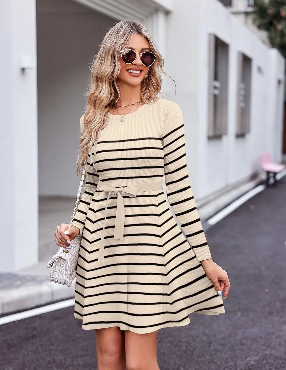 HOTOUCH Women's Fall Winter Casual Dress Crewneck Long Sleeve A-Line Sweater Dress Bodycon Ribbed Knit Dress with Belt