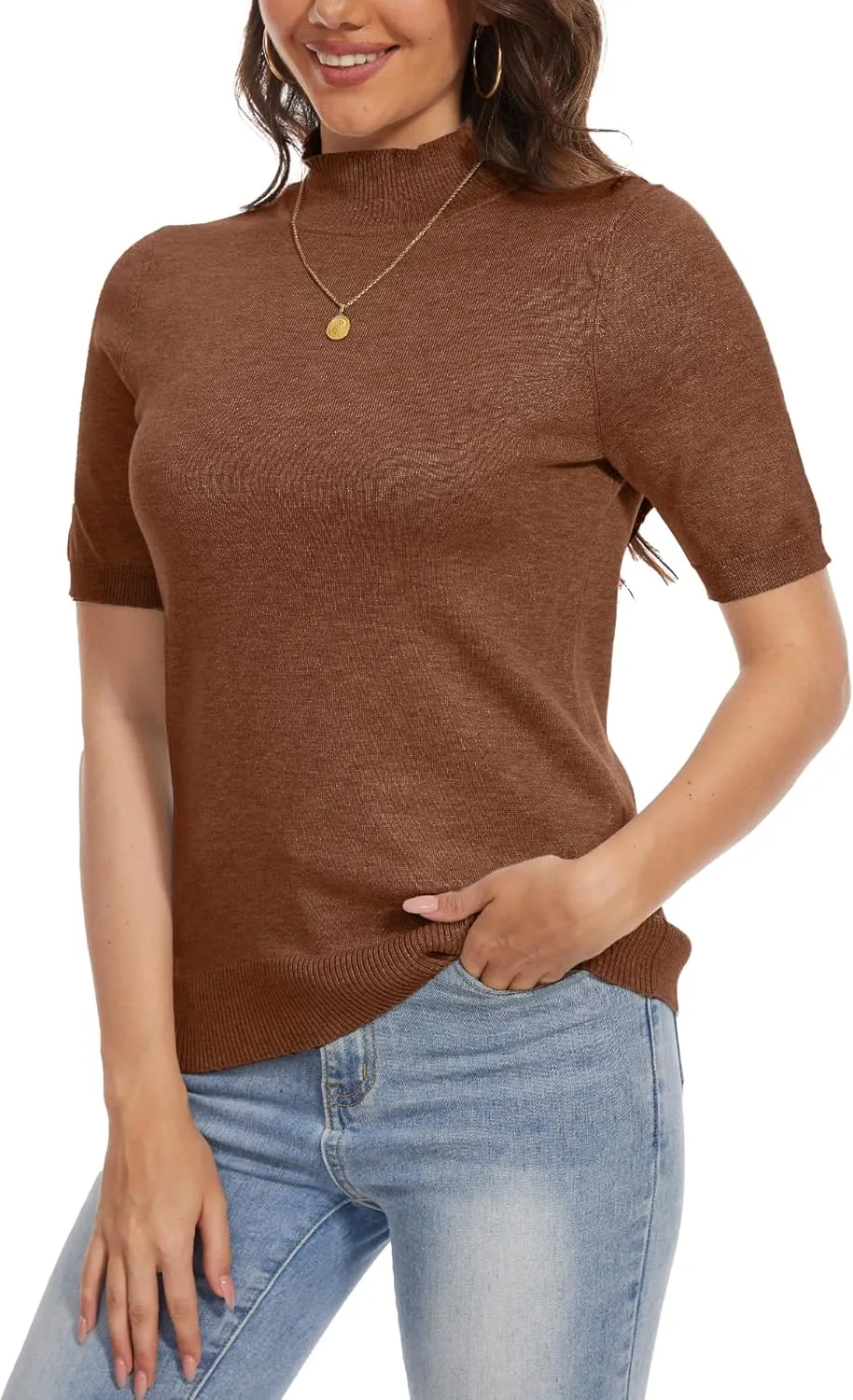 INKOFF Women's Short Sleeve Mock Neck Sweater Top Turtleneck Dressy Pullover Knit Shirt