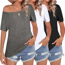 KKJ 3 Pack Womens T Shirts Off The Shoulder Tops 2025 Summer Beach Vacation Fashion Short Sleeve Casual Loose Fit Clothes