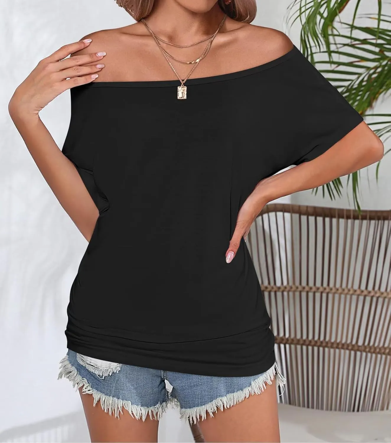KKJ 3 Pack Womens T Shirts Off The Shoulder Tops 2025 Summer Beach Vacation Fashion Short Sleeve Casual Loose Fit Clothes