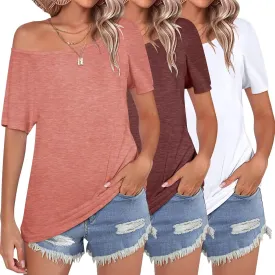 KKJ 3 Pack Womens T Shirts Off The Shoulder Tops 2025 Summer Beach Vacation Fashion Short Sleeve Casual Loose Fit Clothes
