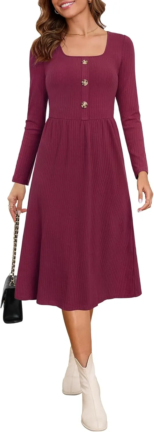 Kranda 2025 Spring Dresses fow Women Winter Long Sleeve Square Neck Casual Button Ribbed Knit Midi Sweater Dress