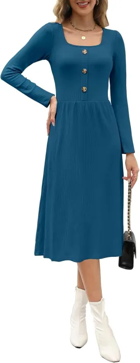Kranda 2025 Spring Dresses fow Women Winter Long Sleeve Square Neck Casual Button Ribbed Knit Midi Sweater Dress